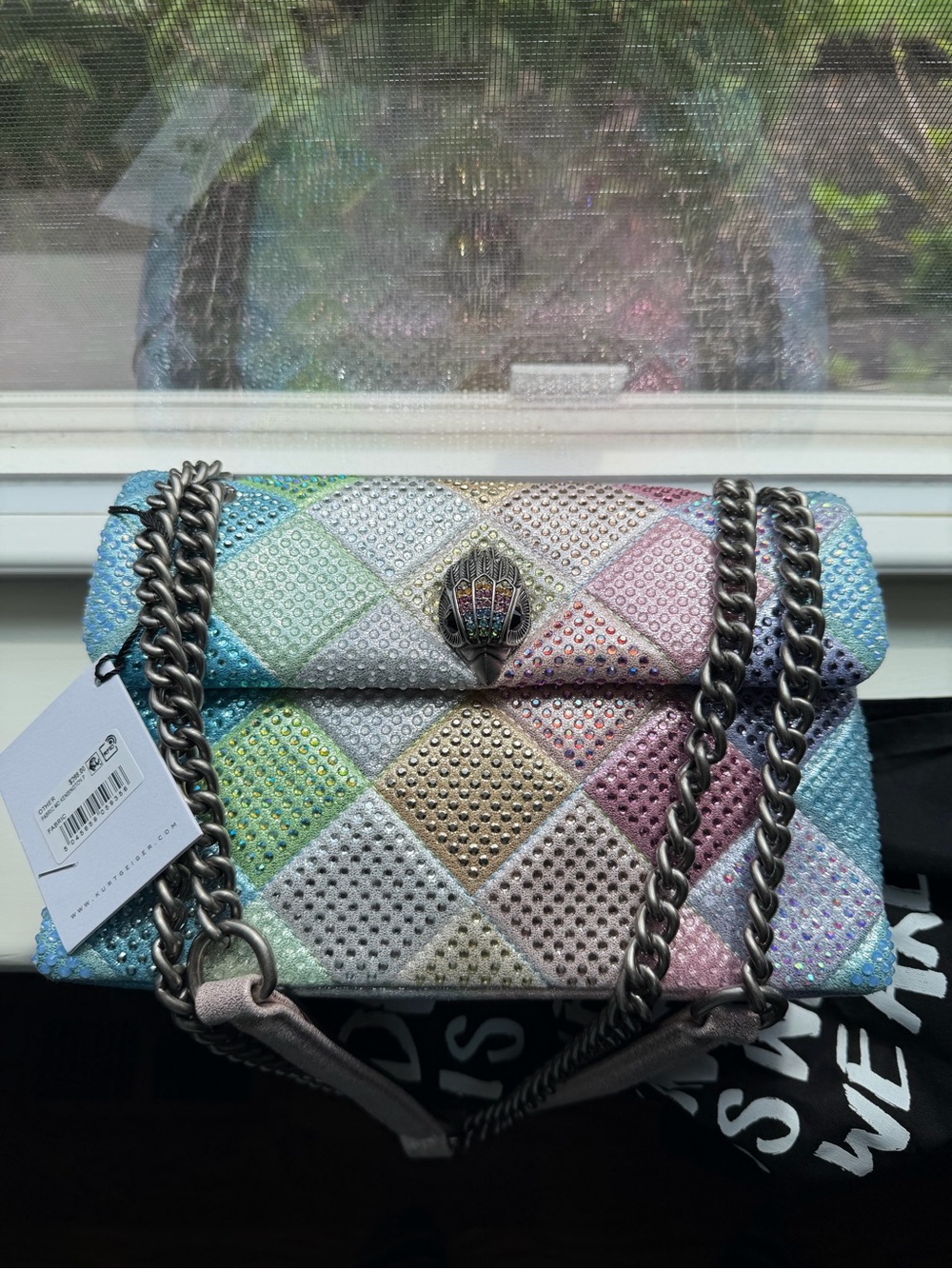 Kurt Geiger Medium Kingston Pastel Quilted Crystal Bag with Silver Chain - Picture 2 of 6